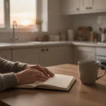 Person praying quietly at a kitchen table before sunrise