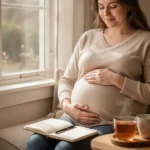 Pregnant woman praying quietly beside a sunlit window