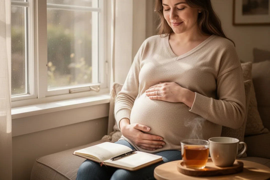 Pregnant woman praying quietly beside a sunlit window
