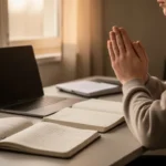 Student praying quietly beside books before studying