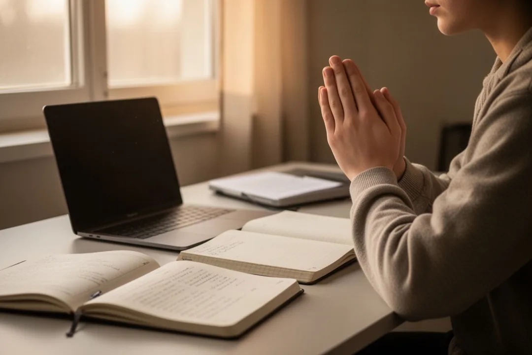 Student praying quietly beside books before studying