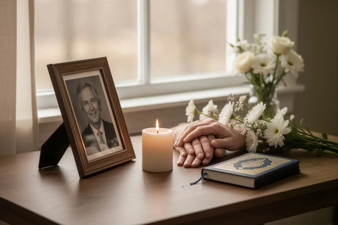 Quiet home memorial setting with candle, flowers, and prayer book