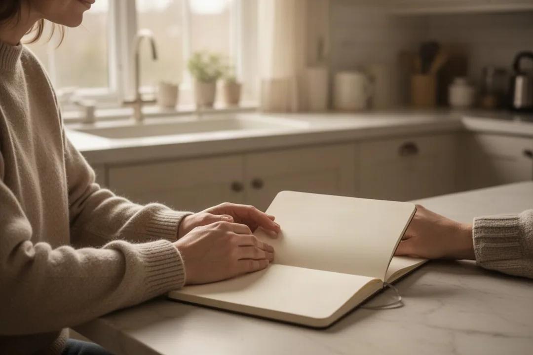Person praying beside a blank journal while processing anger