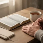 Quiet prayer setting with Bible, journal, and peaceful morning light