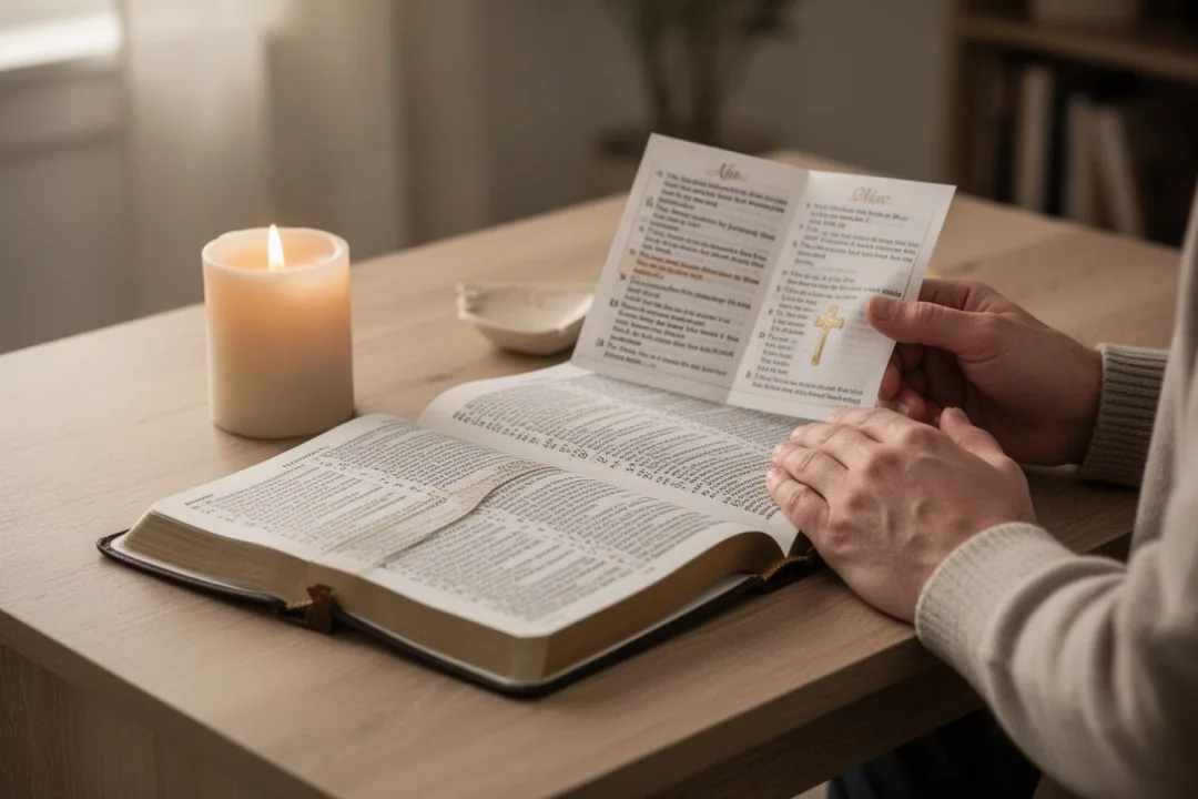 Open prayer booklet beside candle in soft morning light
