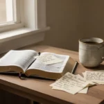 Open Bible and handwritten prayer requests in soft morning light