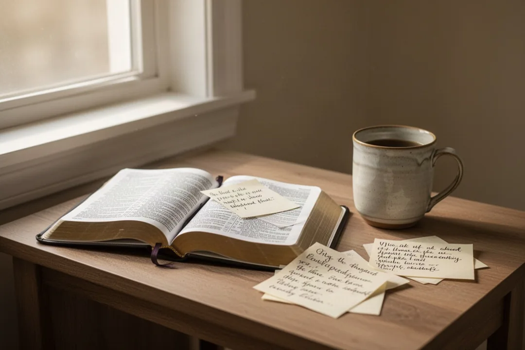Open Bible and handwritten prayer requests in soft morning light