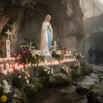 Prayer to Our Lady of Lourdes for healing and hope Peaceful Lourdes grotto with Marian statue, candles, flowers, and stream