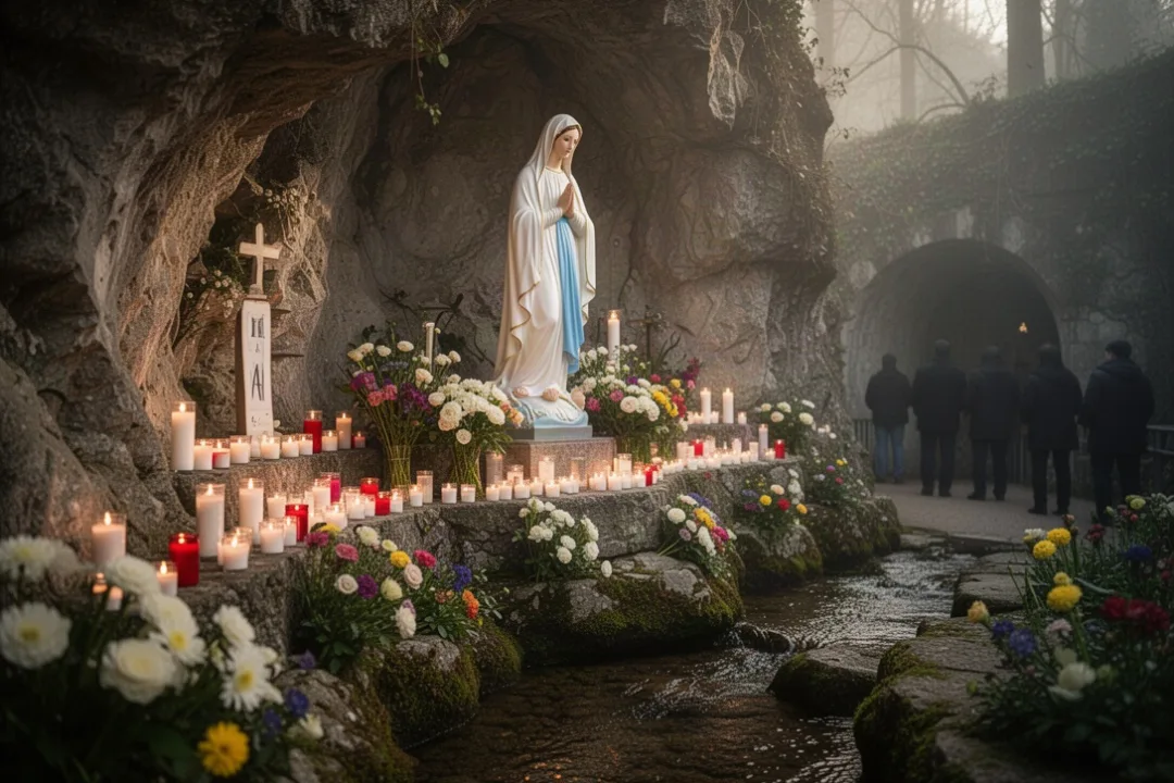 Peaceful Lourdes grotto with Marian statue, candles, flowers, and stream