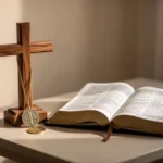 St. Benedict medal and prayer book in a peaceful home prayer corner