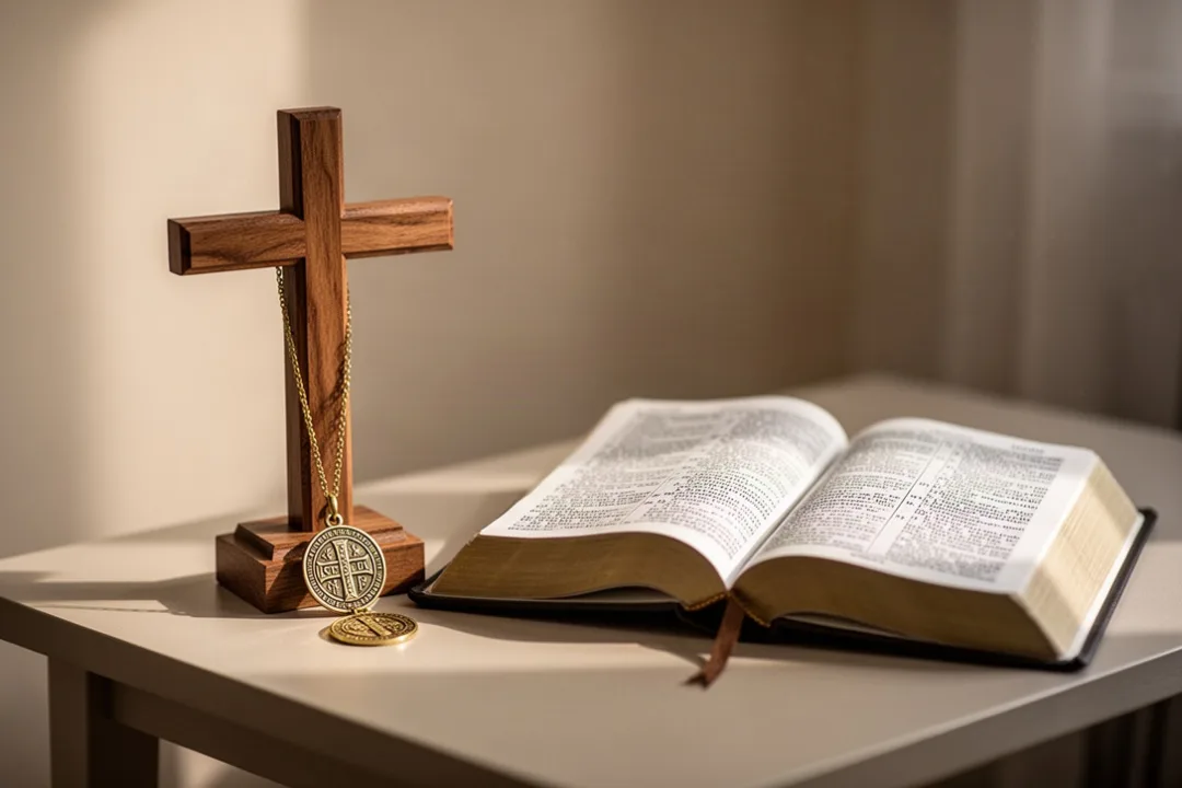 St. Benedict medal and prayer book in a peaceful home prayer corner