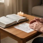 Hands resting beside a candle and Bible during quiet archangel prayer