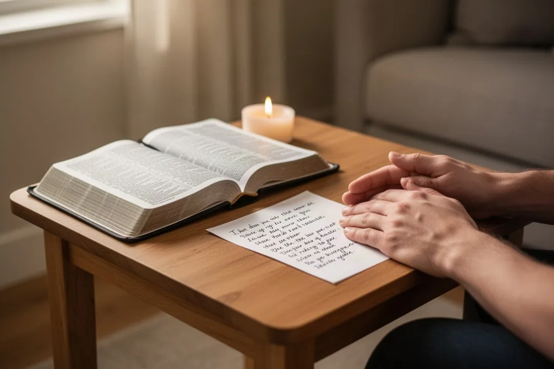 Hands resting beside a candle and Bible during quiet archangel prayer
