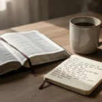 Open Bible and prayer journal in soft morning light
