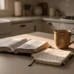Prayers for every day of the week Open Bible and prayer journal on a sunlit kitchen table