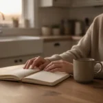 Person praying quietly with journal at a kitchen table