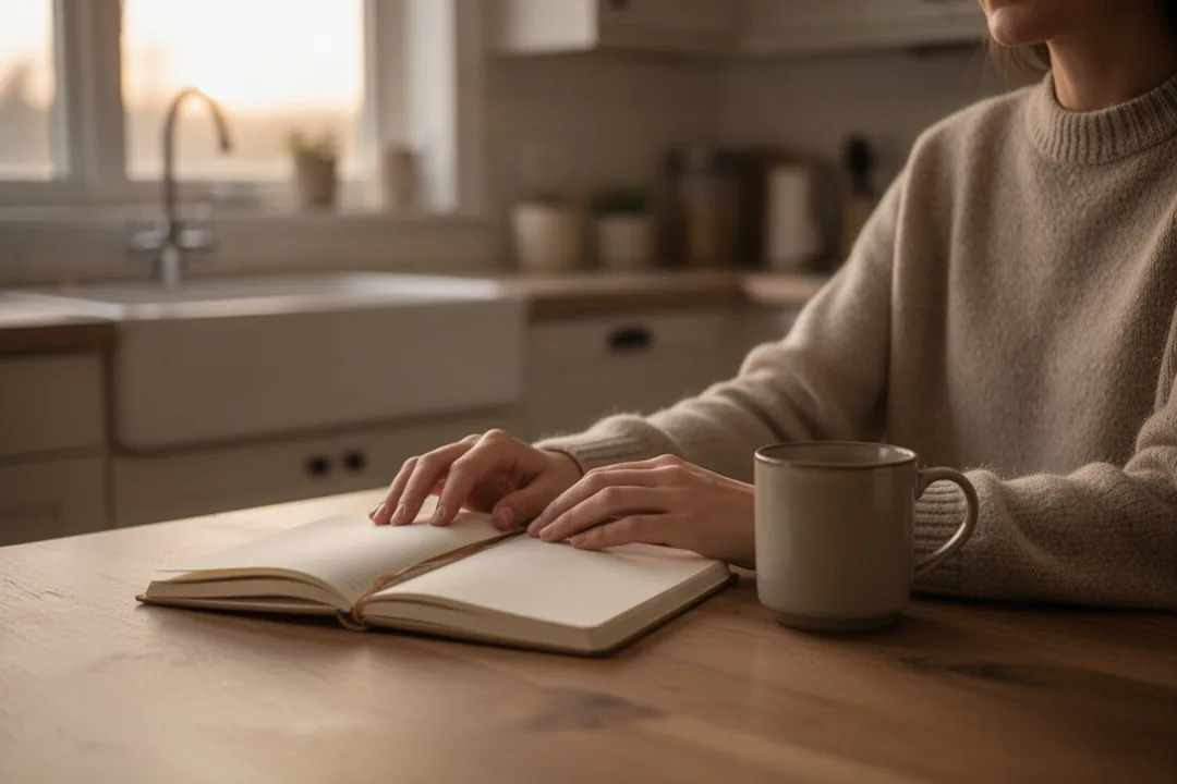 Person praying quietly with journal at a kitchen table