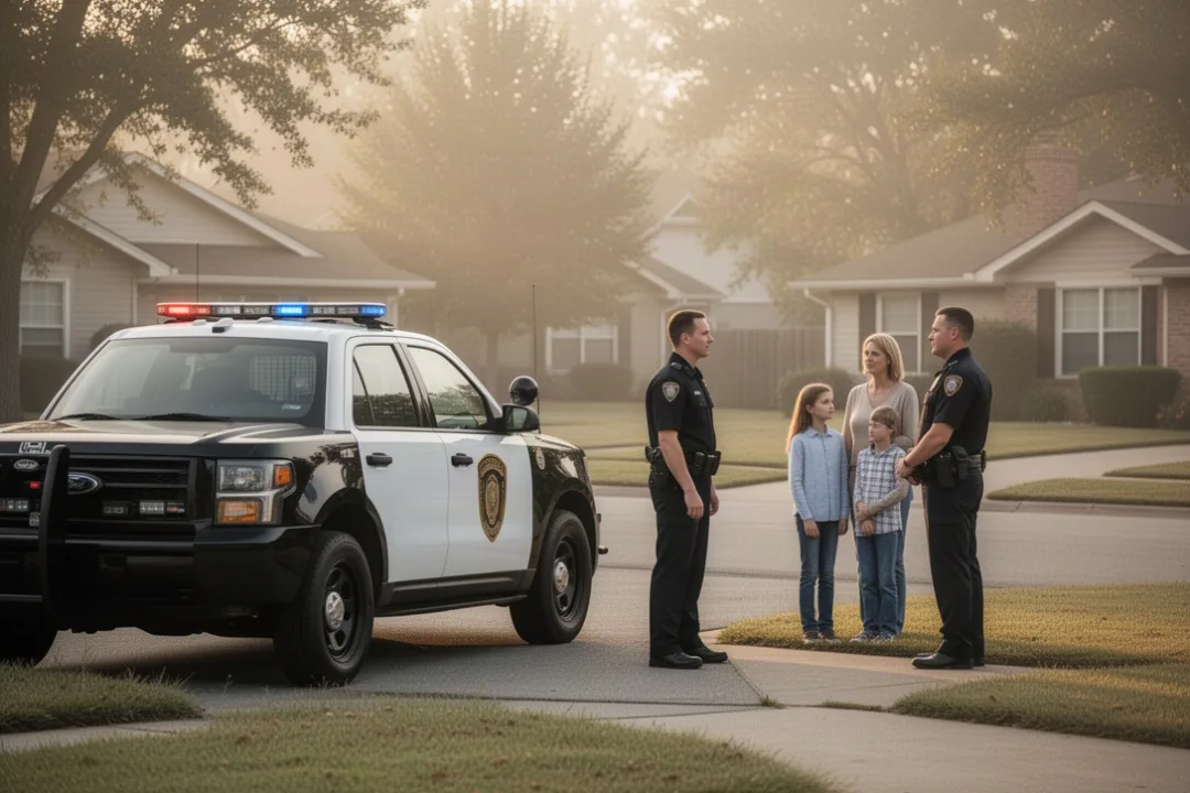 Officer speaking with a family beside a patrol vehicle