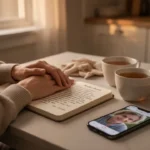 Person quietly praying for a loved one at a kitchen table