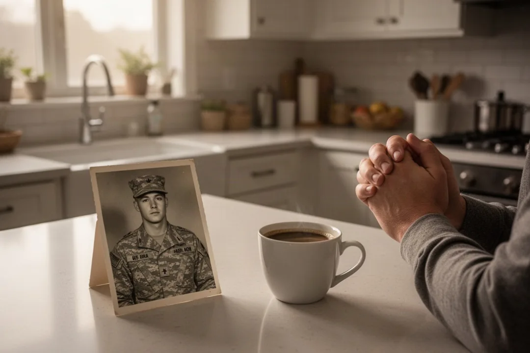 Family praying quietly for a deployed service member at dawn