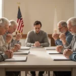 Diverse church members praying together for their nation