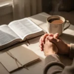 Morning prayer setting with Bible, journal, coffee, and clasped hands