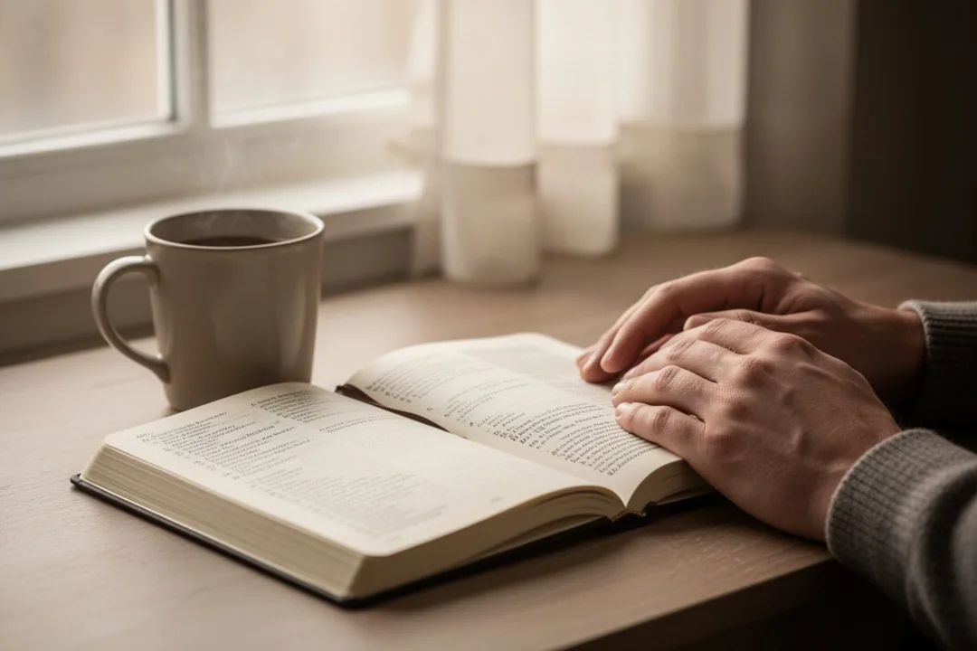 Quiet morning prayer beside an open journal and warm window light