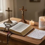 Open Latin prayer book beside rosary and candle on a quiet prayer table