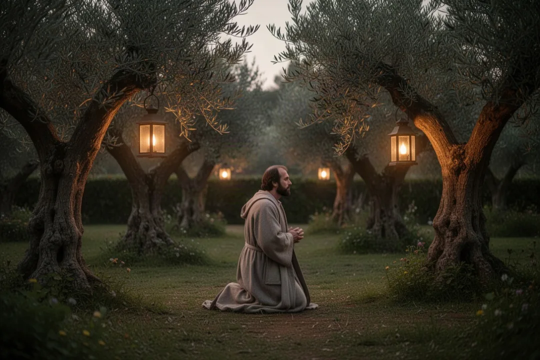 Jesus praying alone among olive trees before his arrest
