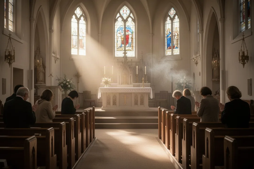 Worshipers praying quietly in a softly lit church sanctuary