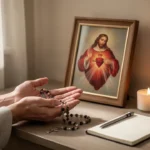 Quiet home prayer corner with a Sacred Heart image and rosary