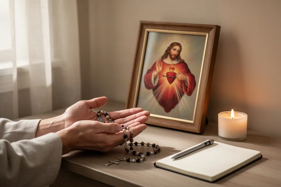 Quiet home prayer corner with a Sacred Heart image and rosary