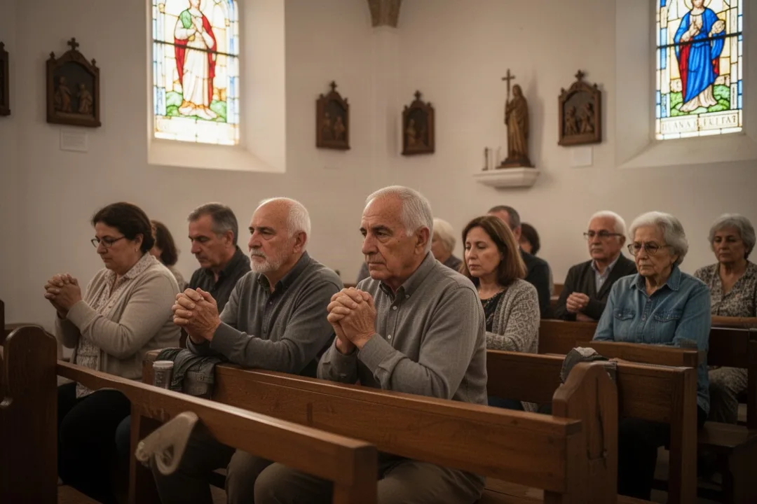 People praying quietly together inside a Spanish-speaking church