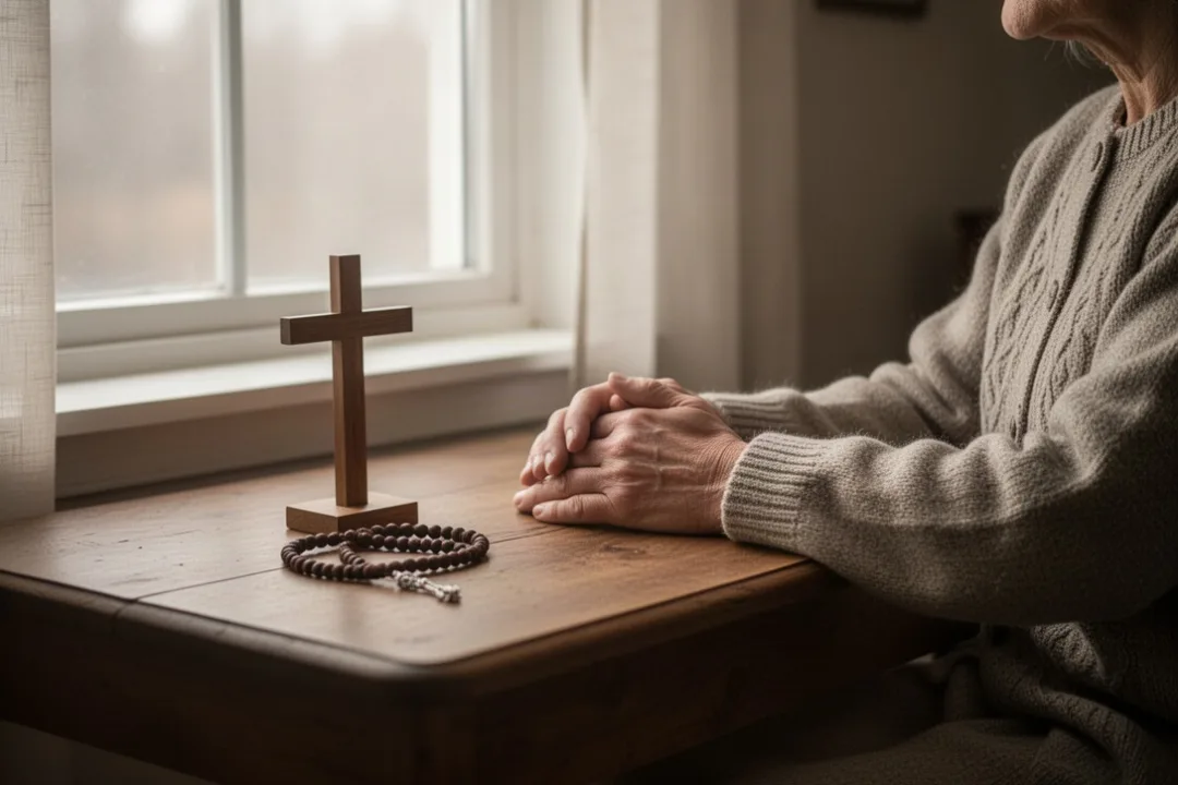 Person quietly praying with a cross and prayer rope beside a window