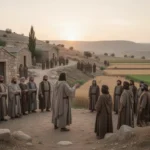 Biblical prophet speaking to a gathered community on an ancient hillside