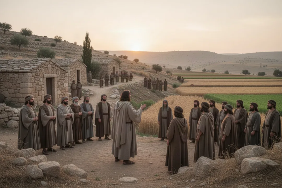 Biblical prophet speaking to a gathered community on an ancient hillside