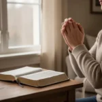 Person praying for protection beside a window in peaceful morning light
