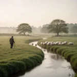 Shepherd guiding sheep beside green pasture and still water
