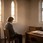 Person praying quietly in a sunlit chapel with an open Bible