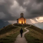 Person walking toward a sunlit chapel beneath clearing storm clouds