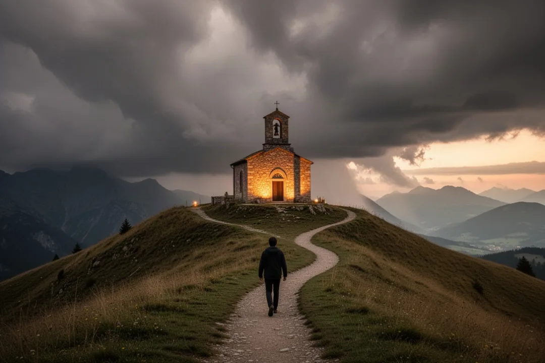 Person walking toward a sunlit chapel beneath clearing storm clouds