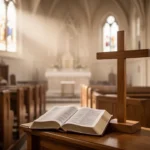 Open Bible and cross in a quiet church during morning prayer