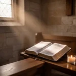 Open Bible and candle in a quiet chapel during prayer