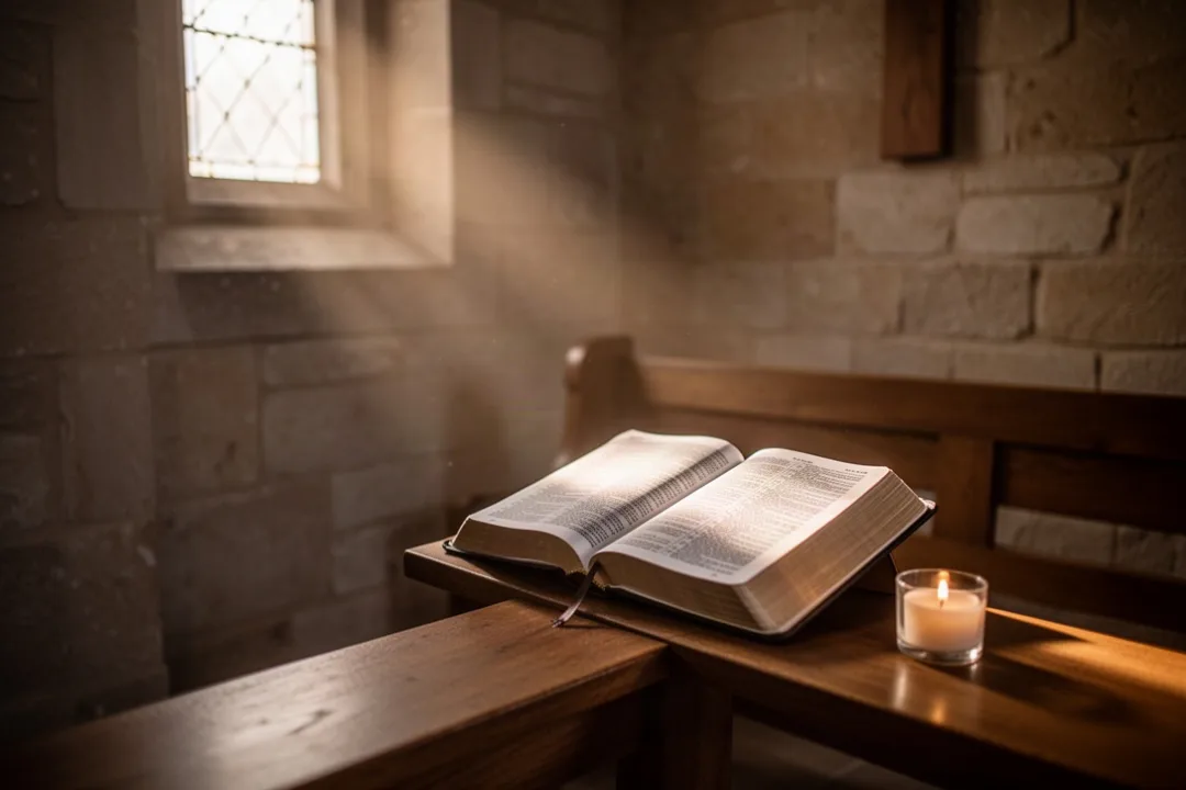 Open Bible and candle in a quiet chapel during prayer