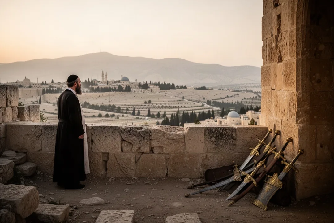 Dawn Jerusalem scene symbolizing Psalm 76’s victory over violence