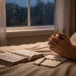 Open Bible and journal beside praying hands during a troubled night