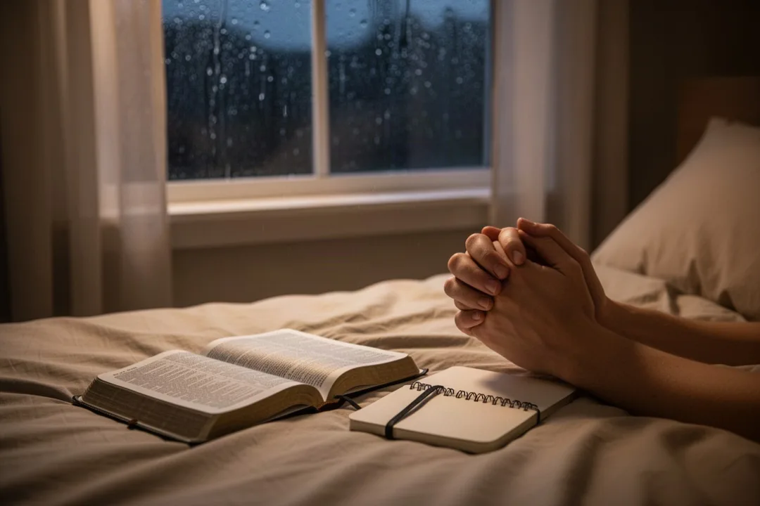Open Bible and journal beside praying hands during a troubled night