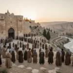 Diverse worshipers gathering at ancient Zion near Jerusalem gates