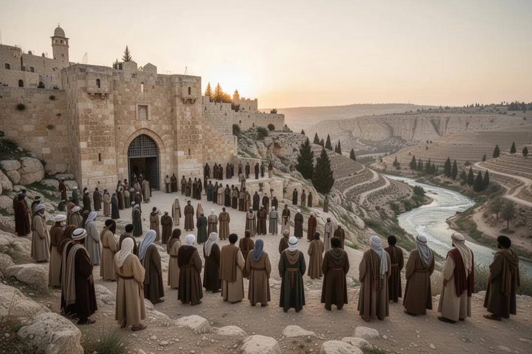 Diverse worshipers gathering at ancient Zion near Jerusalem gates