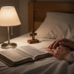 Open Bible and cross beside a bedside lamp during evening prayer